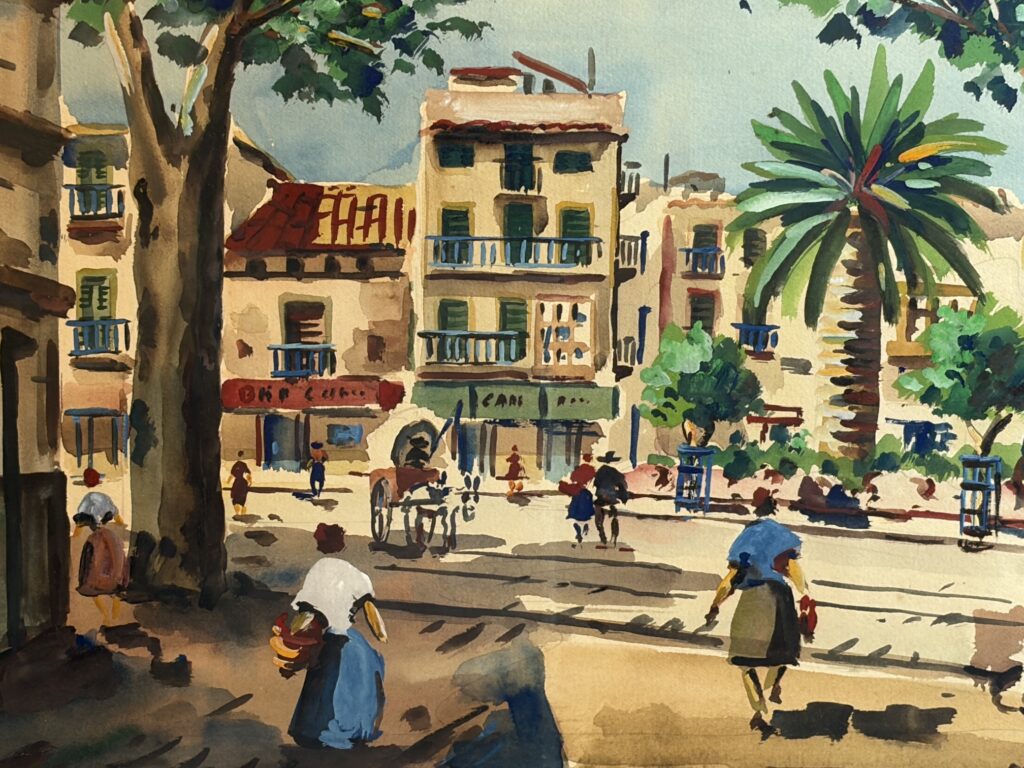 Gesigneerde aquarel H. Colomer – Frans dorpsplein in lijst