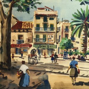 Gesigneerde aquarel H. Colomer – Frans dorpsplein in lijst