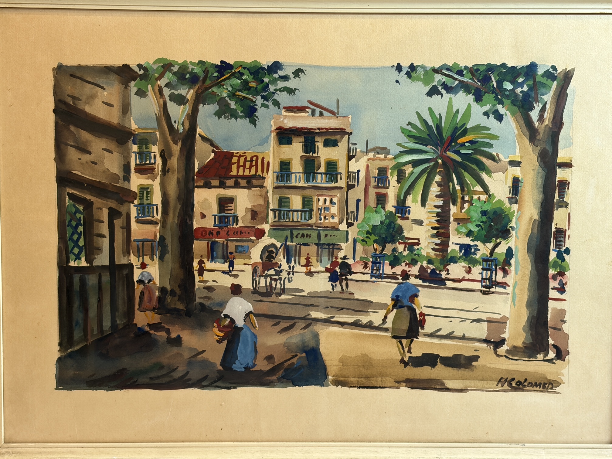 Gesigneerde aquarel H. Colomer – Frans dorpsplein in lijst - Afbeelding 2