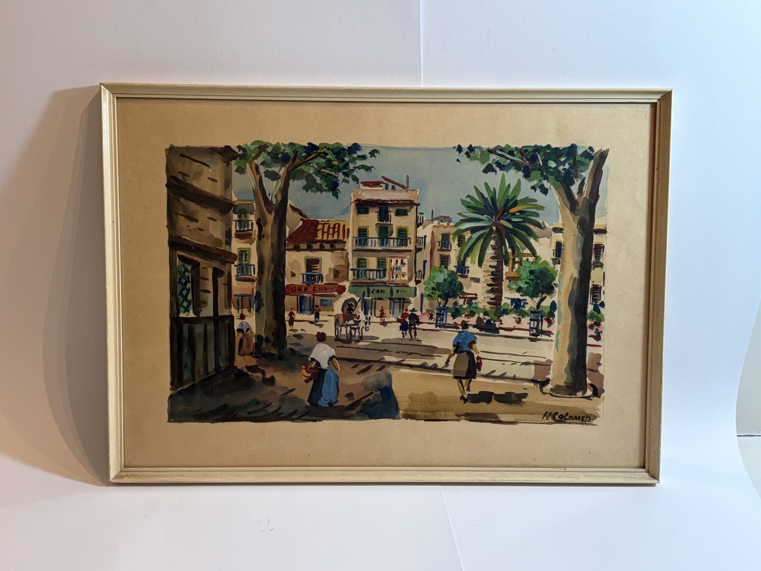 Gesigneerde aquarel H. Colomer – Frans dorpsplein in lijst - Afbeelding 3