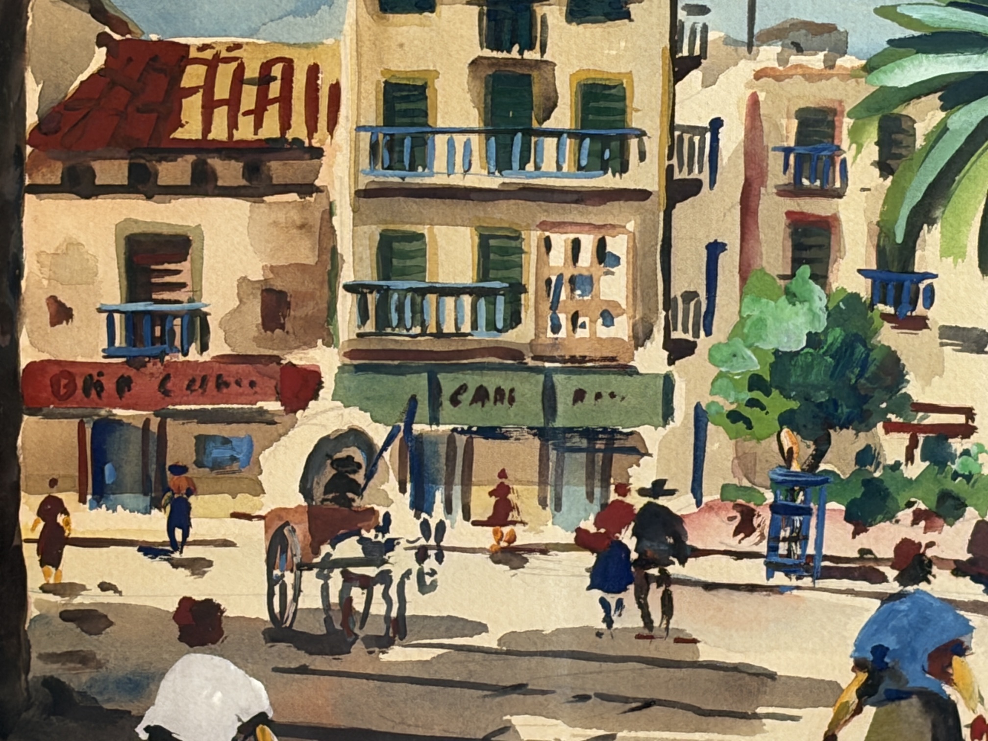 Gesigneerde aquarel H. Colomer – Frans dorpsplein in lijst - Afbeelding 4